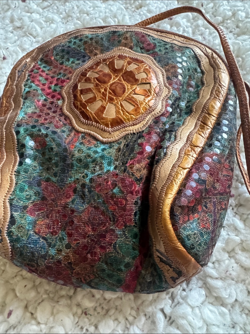 Vintage SHARIF Metallic Bronze Leather Crossbody Bag Medallion Patchwork USA